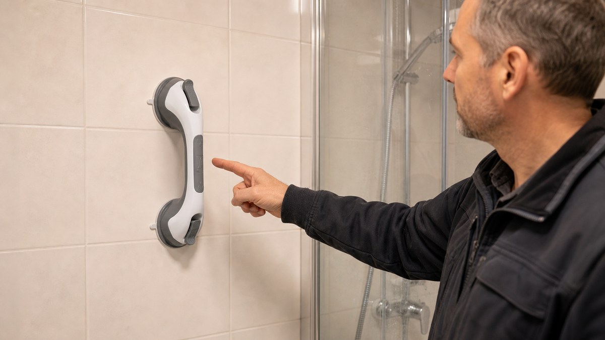 Mann betrachtet einen montierten mobilen Sauggriff im Badezimmer